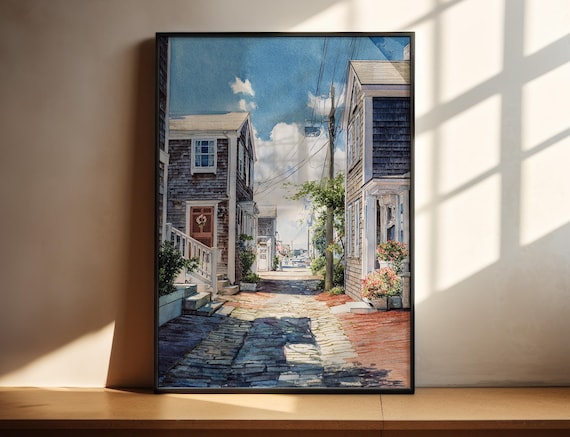 Nantucket Massachusetts Cobblestone Street Watercolor Travel Poster