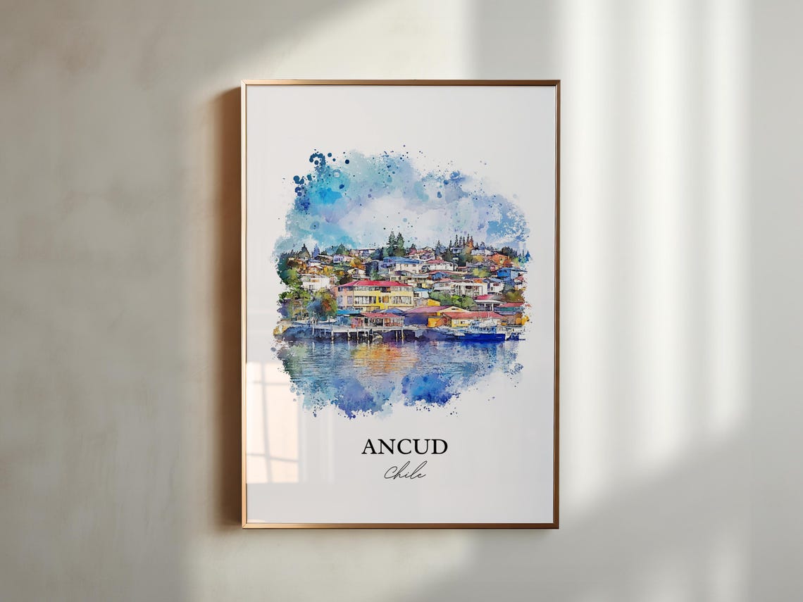 Ancud Chile Watercolor Chiloe Waterfront Town Reflection Travel Poster - Image 5