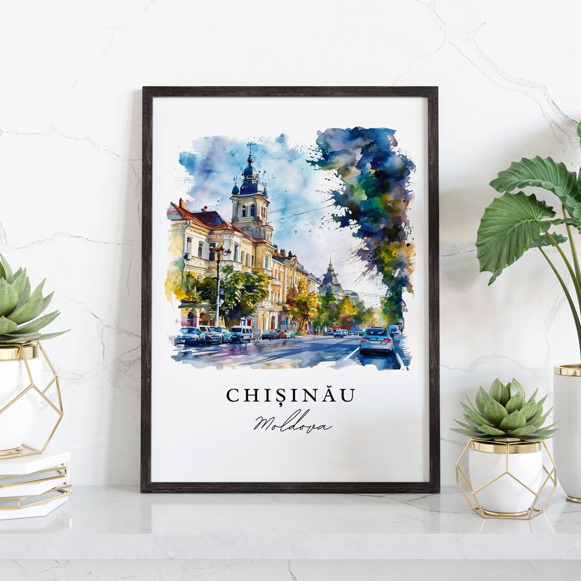 Chisinau Moldova City Street Bell Tower Watercolor Travel Poster - Image 3