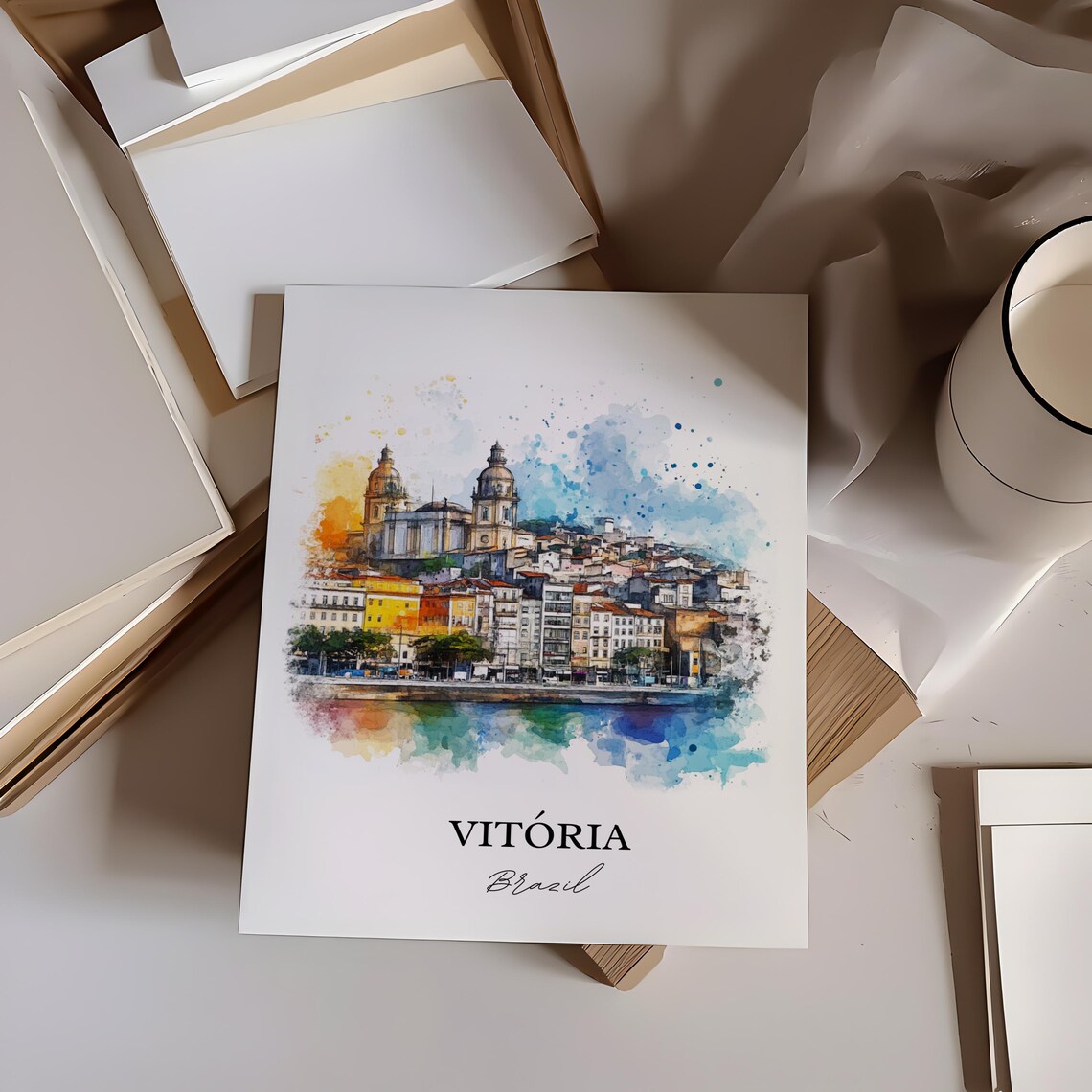 Vitoria Brazil Watercolor Waterfront City Twin Towers Travel Poster - Image 2