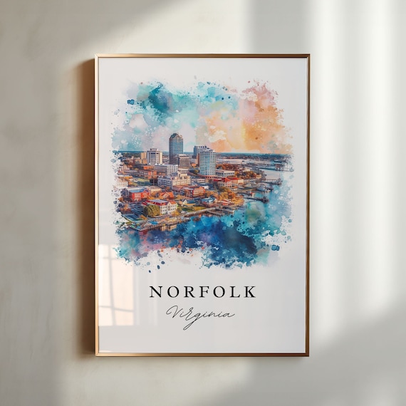 Norfolk Virginia Downtown Skyline Harbor Watercolor Art Poster