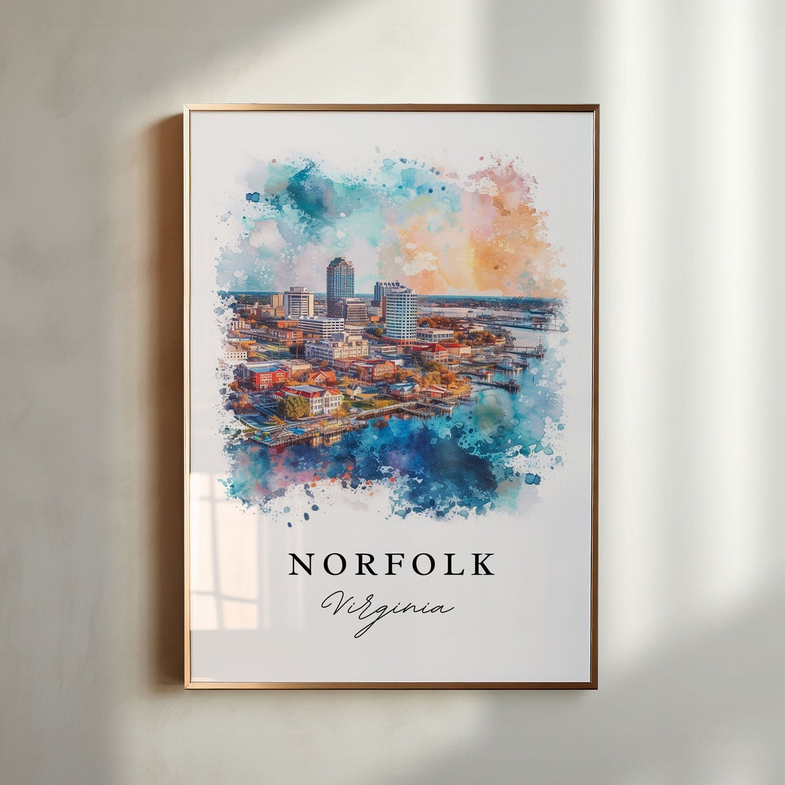 Norfolk Virginia Downtown Skyline Harbor Watercolor Art Poster