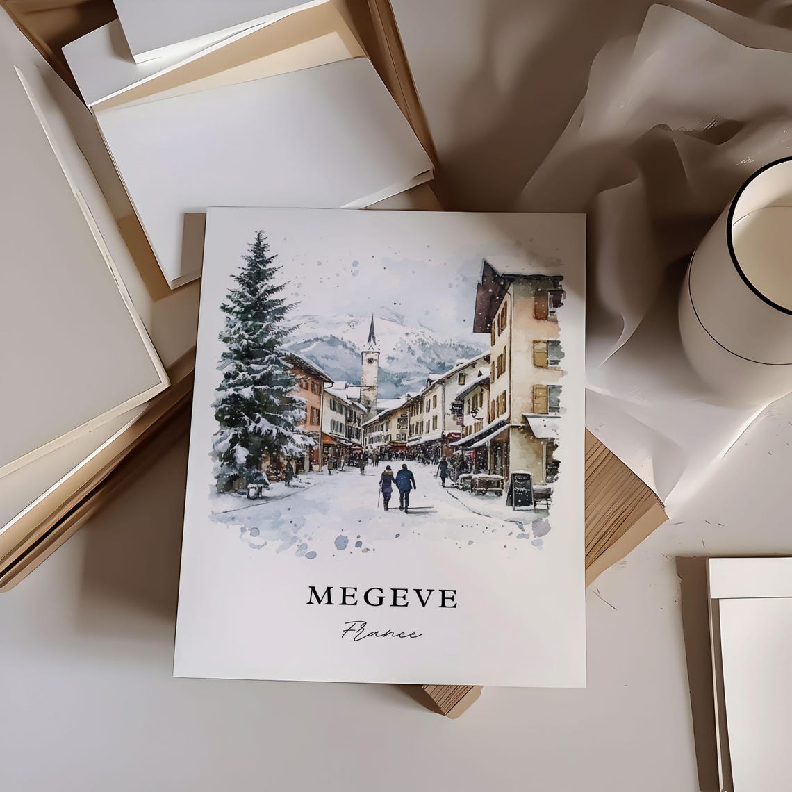 Megeve French Alps Winter Snow Village Watercolor Travel Poster - Image 6