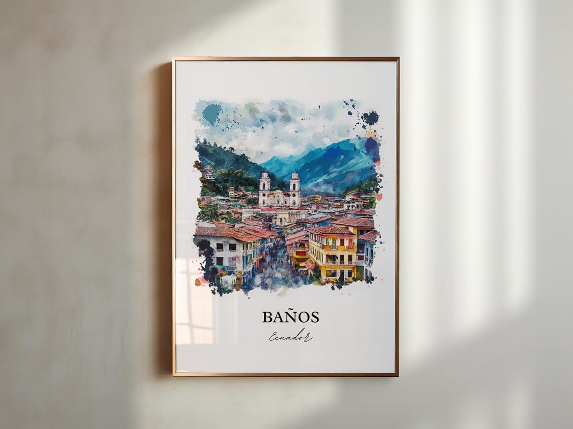 Banos Ecuador Watercolor Twin Tower Church Mountain Town Poster - Image 3