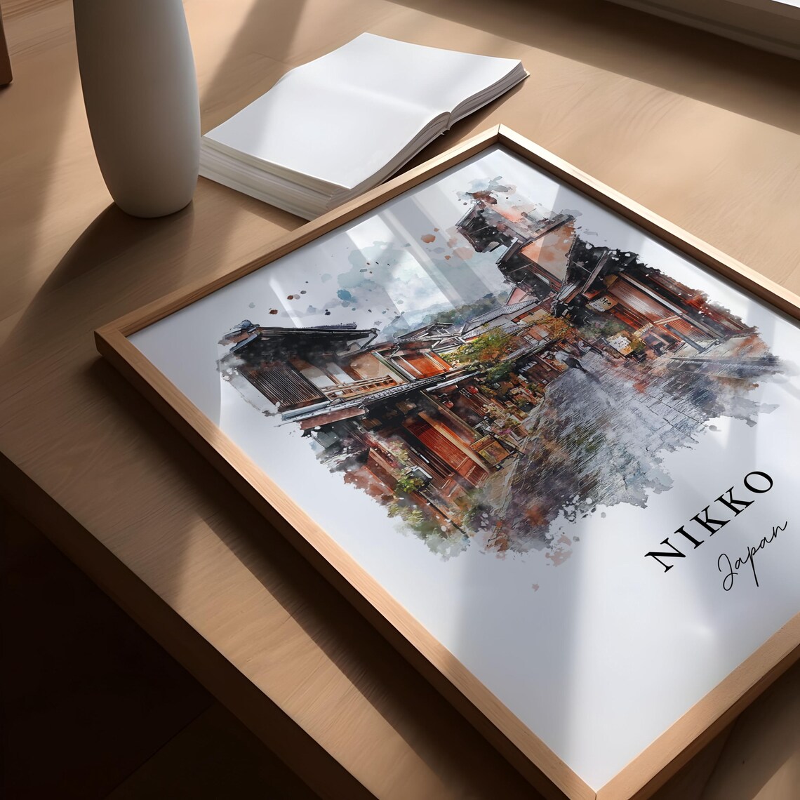 Nikko Japan Watercolor Art Historic Wooden Street Autumn Poster - Image 5