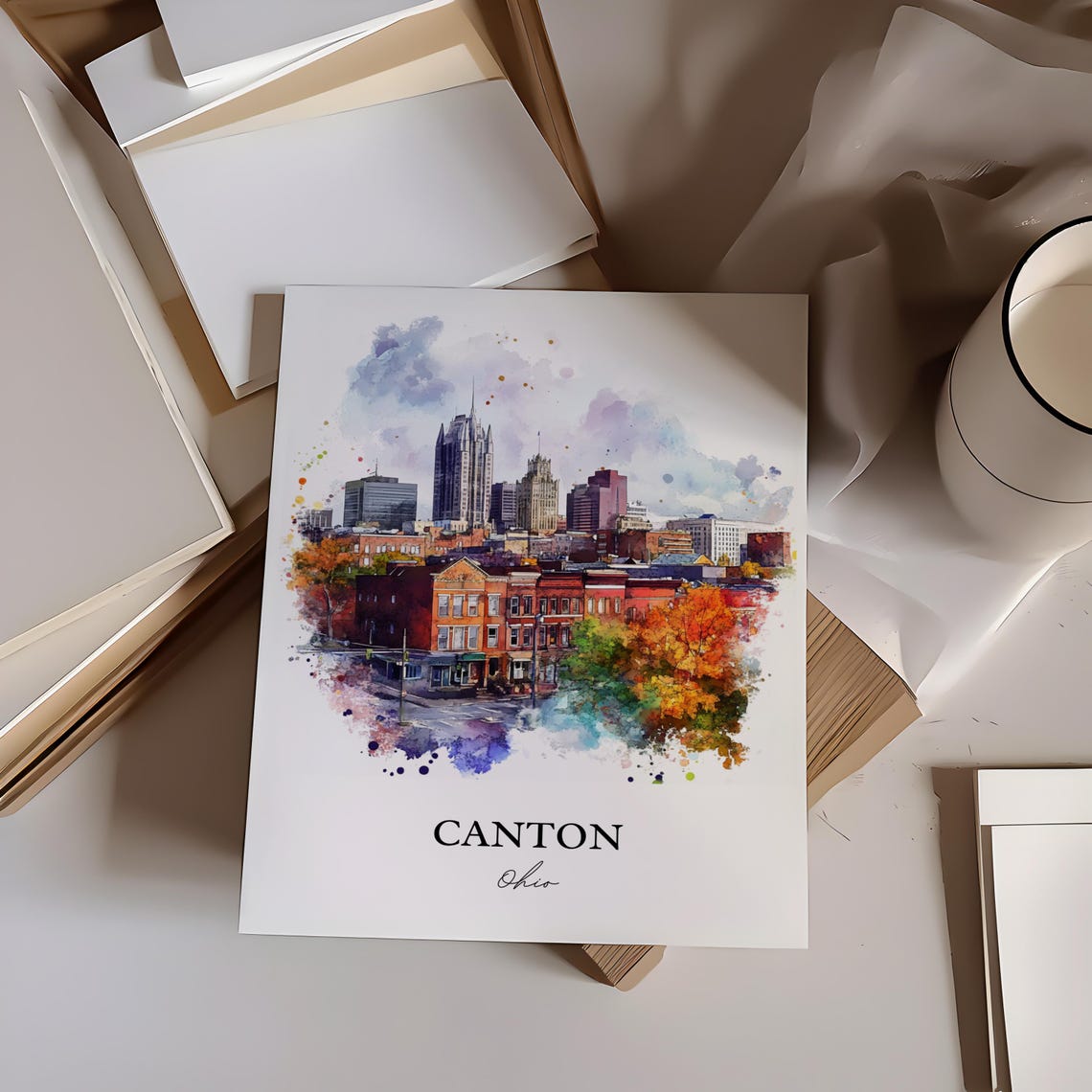 Canton Ohio Watercolor Fall Downtown City Skyline Scene Poster - Image 2