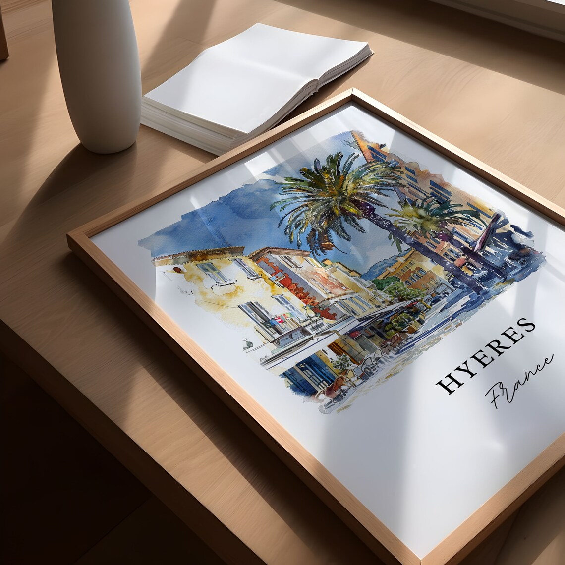 Hyeres France Mediterranean Old Town Palms Watercolor Travel Poster - Image 5