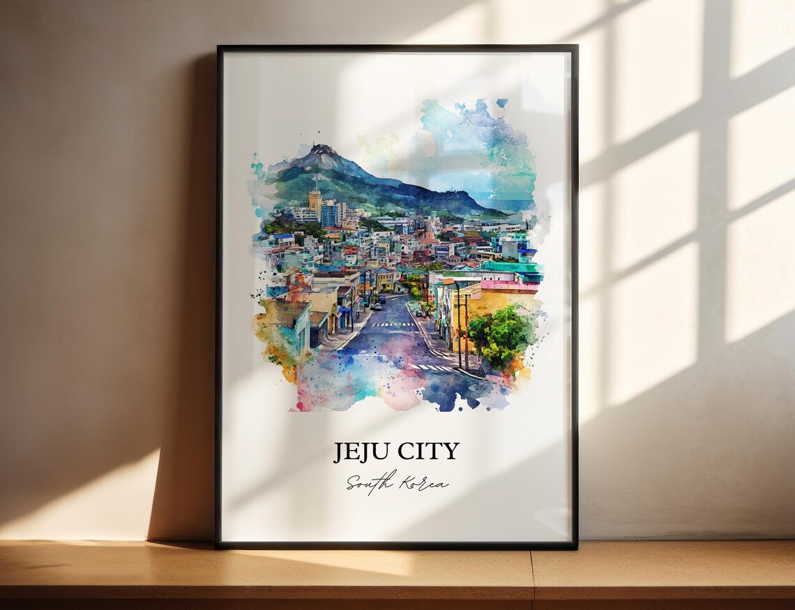 Jeju City South Korea Mountain City Watercolor Travel Poster
