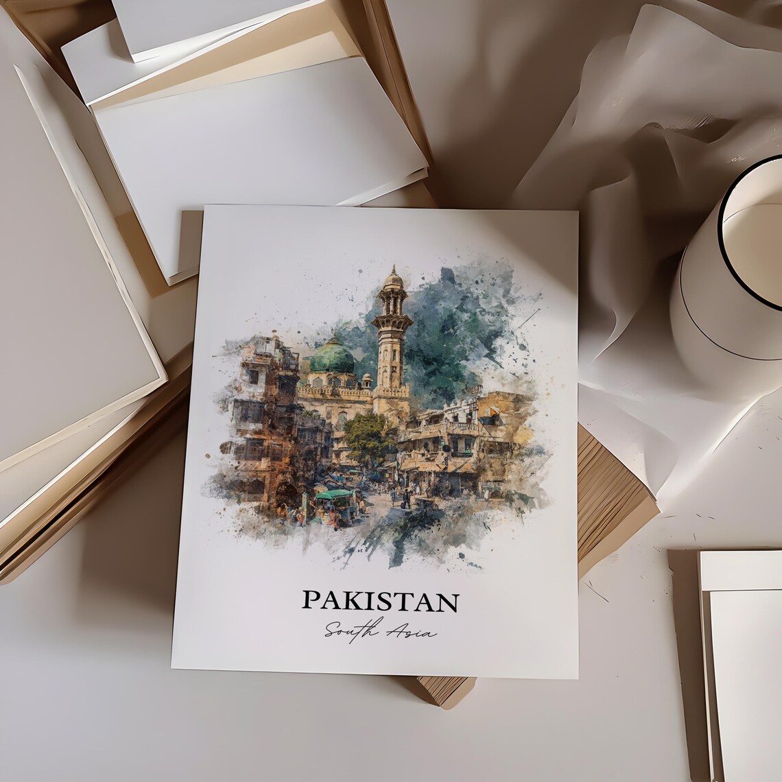 Pakistan South Asia Old Town Mosque Street Watercolor Travel Poster - Image 3
