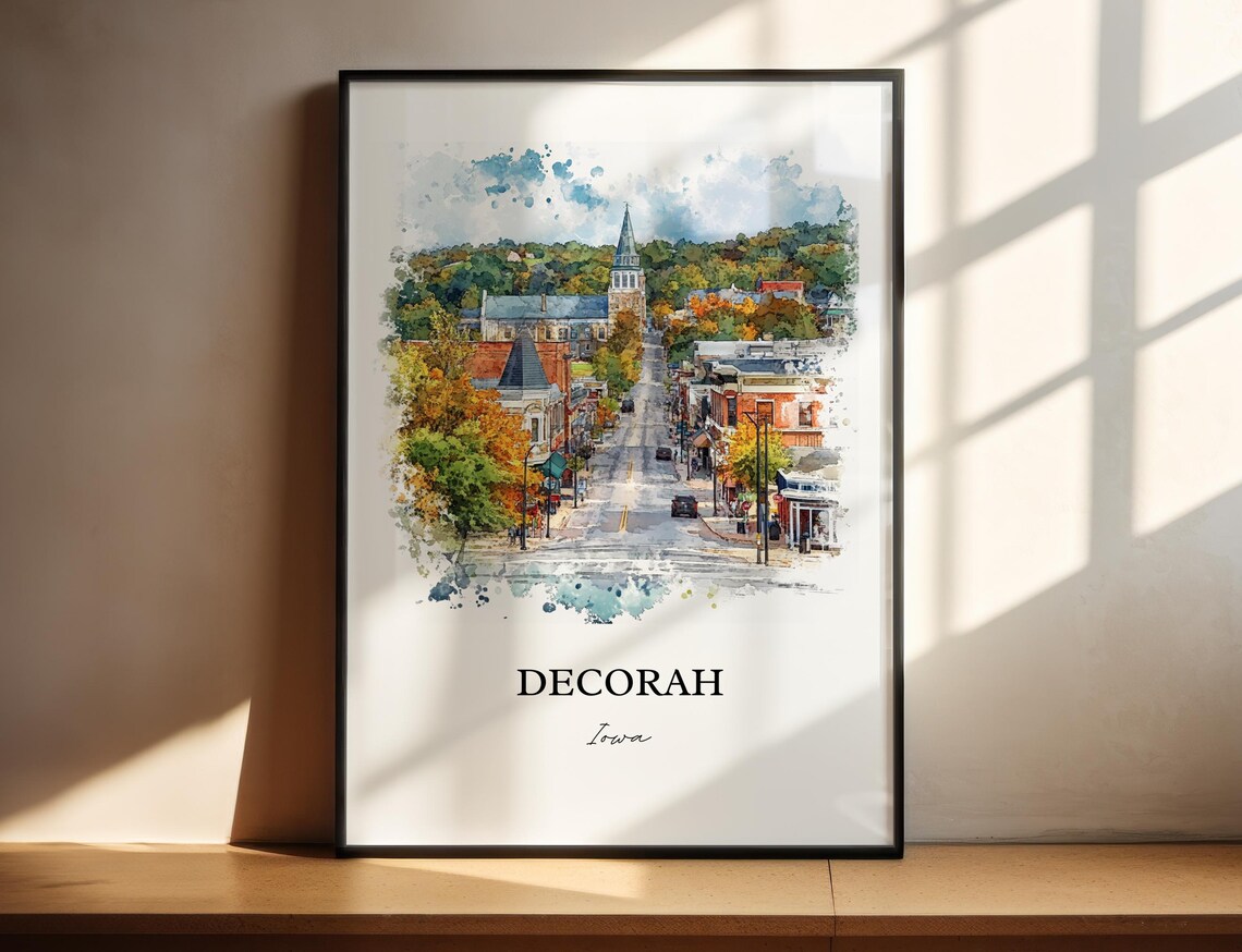 Decorah Iowa Watercolor Travel Poster, Winneshiek County
