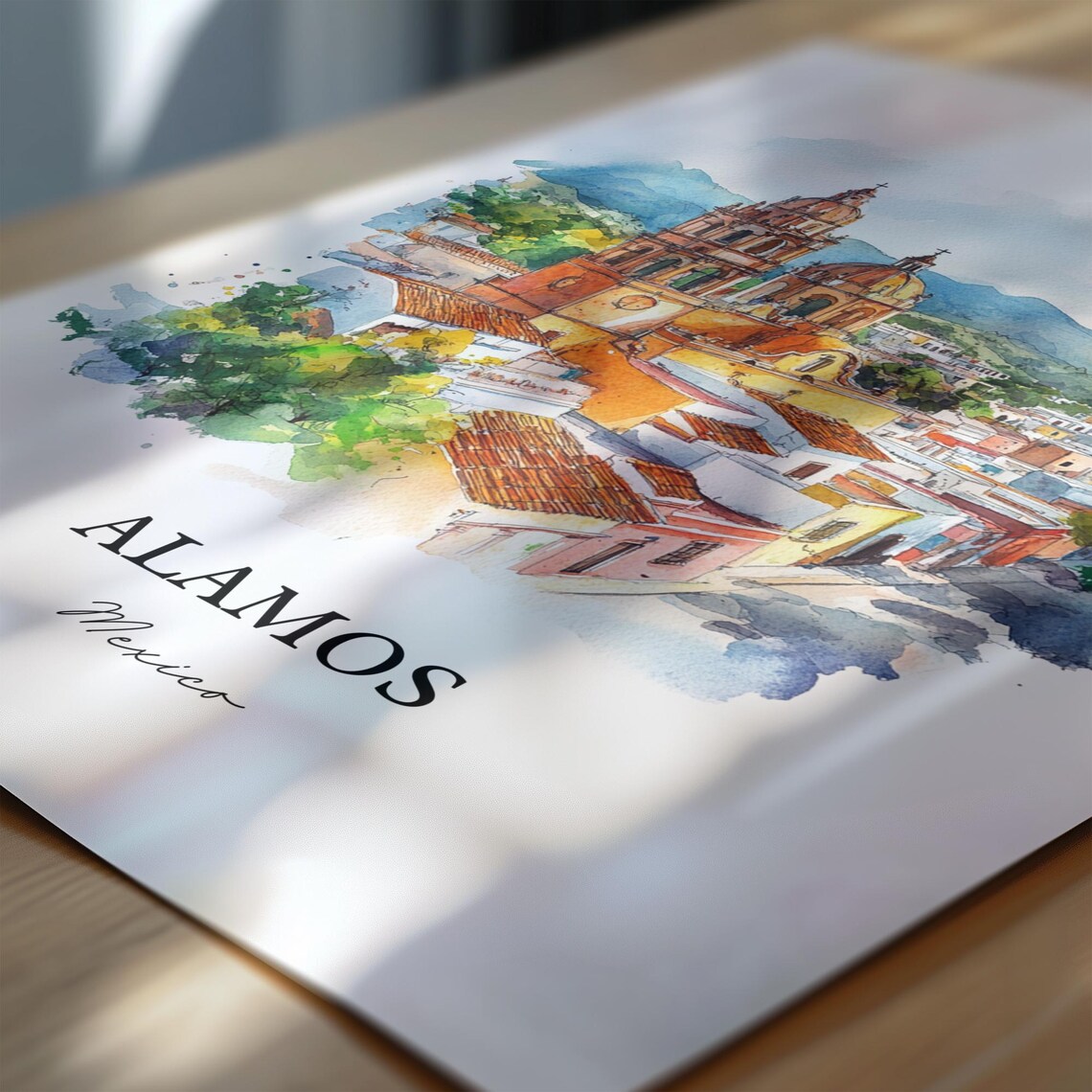 Alamos Mexico Old Town Church Towers Watercolor Travel Poster - Image 6