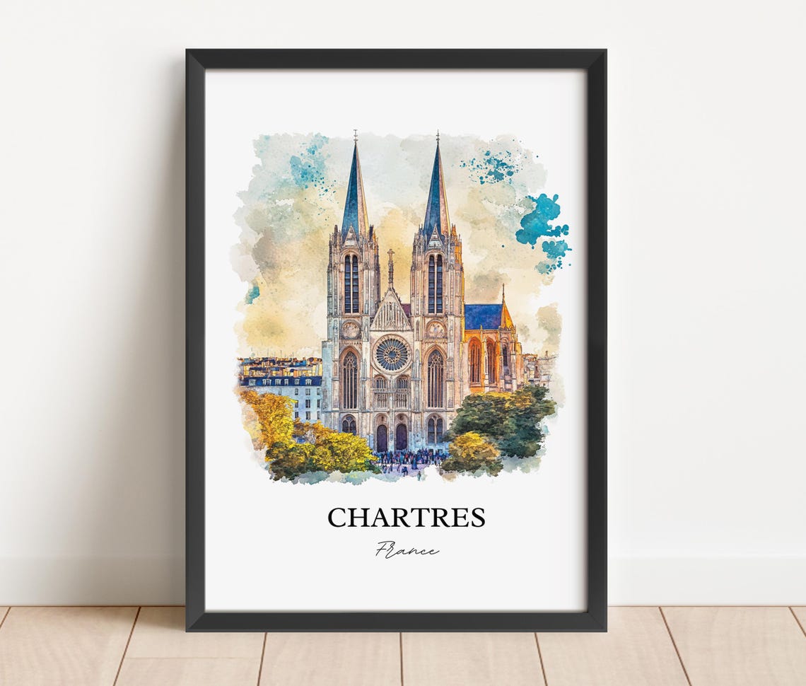 Chartres France Watercolor Cathedral Twin Spires Gothic Facade Poster - Image 2