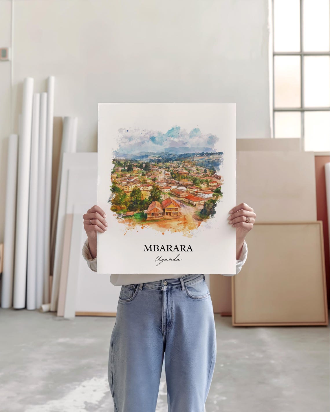 Mbarara Uganda Hilltop Town Aerial Watercolor Travel Art Poster - Image 5