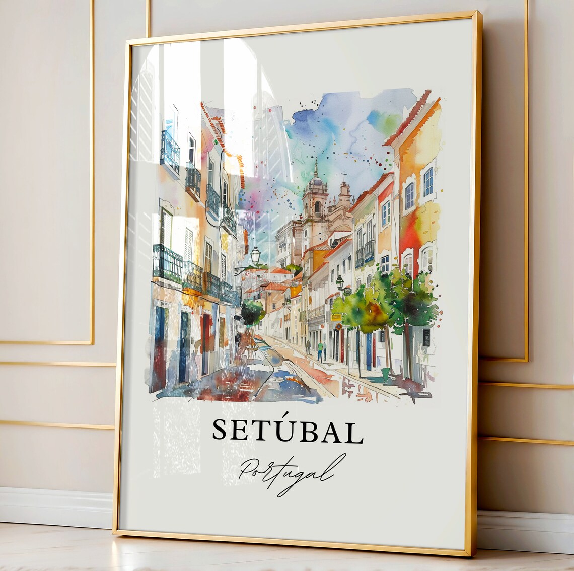 Setubal Portugal Colorful Old Town Street Watercolor Church Poster - Image 4