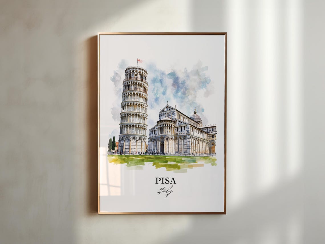 Pisa Italy Leaning Tower Cathedral Watercolor Landmark Travel Poster - Image 5