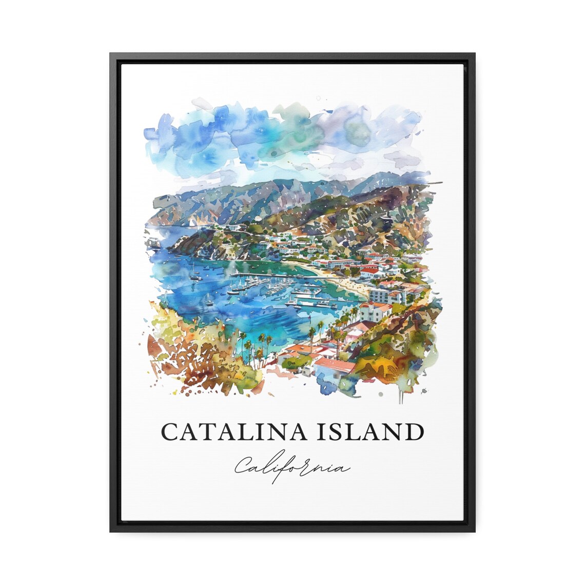 Catalina Island California Watercolor Harbor Aerial Scene Art Poster - Image 3