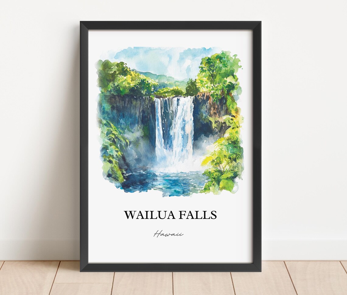 Wailua Falls Hawaii Lush Jungle Waterfall Watercolor Travel Poster - Image 4