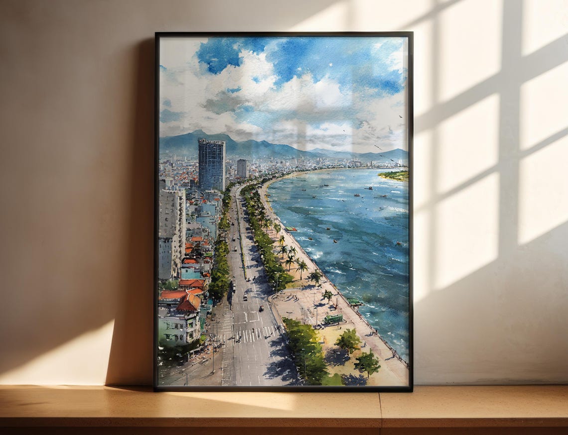 Tropical Coastal Bay Aerial Watercolor Beach Landscape Poster