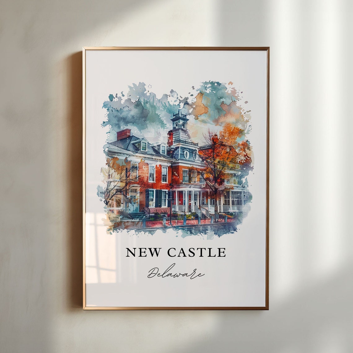 New Castle Delaware Historic Brick Street Watercolor Travel Poster