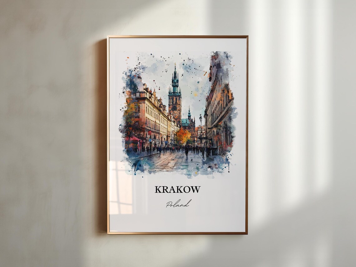 Krakow Poland Old Town St Mary Tower Street Watercolor Travel Poster - Image 2