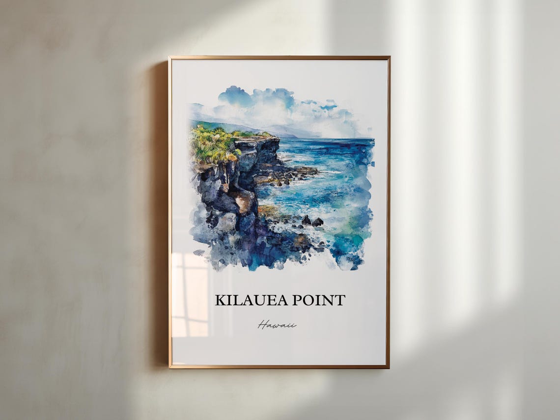 Kilauea Point Hawaii Rocky Sea Cliffs Crashing Waves Watercolor Poster - Image 2
