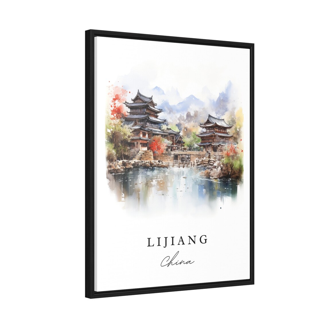 Lijiang China Old Town Watercolor Art Serene Lakeside Pagodas Poster - Image 2