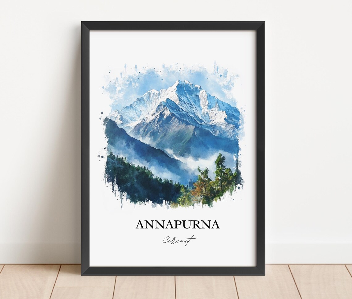 Annapurna Circuit Nepal Watercolor Snow Peak Trekking Travel Poster - Image 3