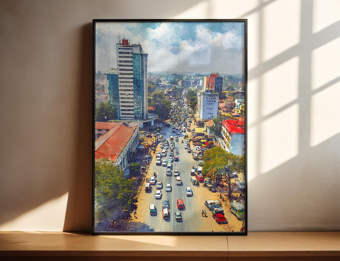 Aerial Downtown Street Watercolor Busy Traffic Cityscape Print