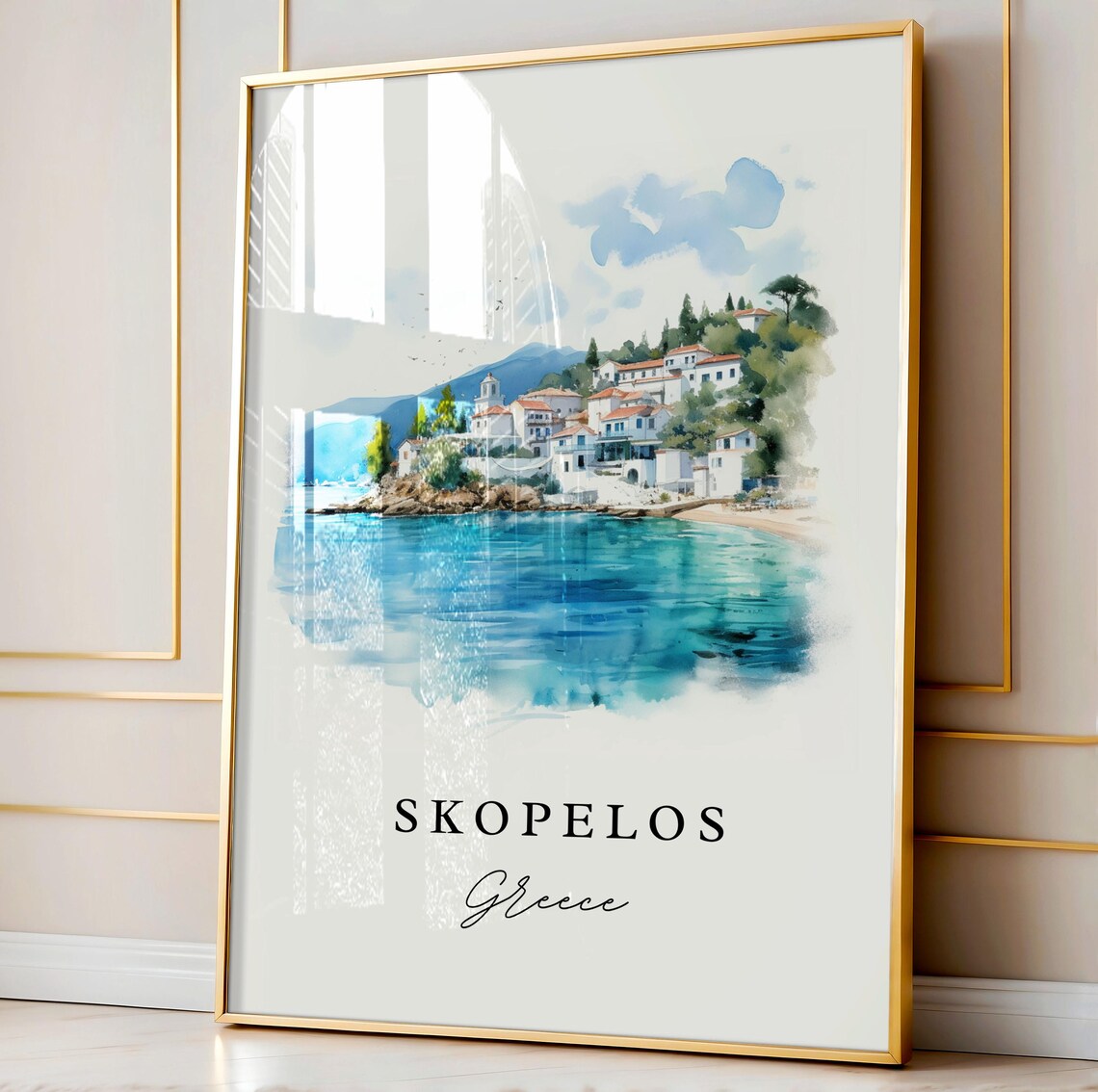 Skopelos Greece Aegean Island White Town Watercolor Travel Poster - Image 3