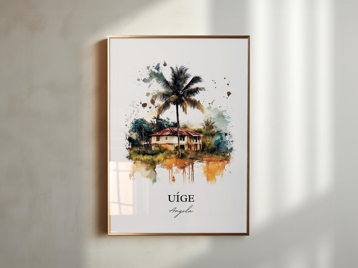 Uige Angola Tropical House Palm Tree Watercolor Travel Poster - Image 2