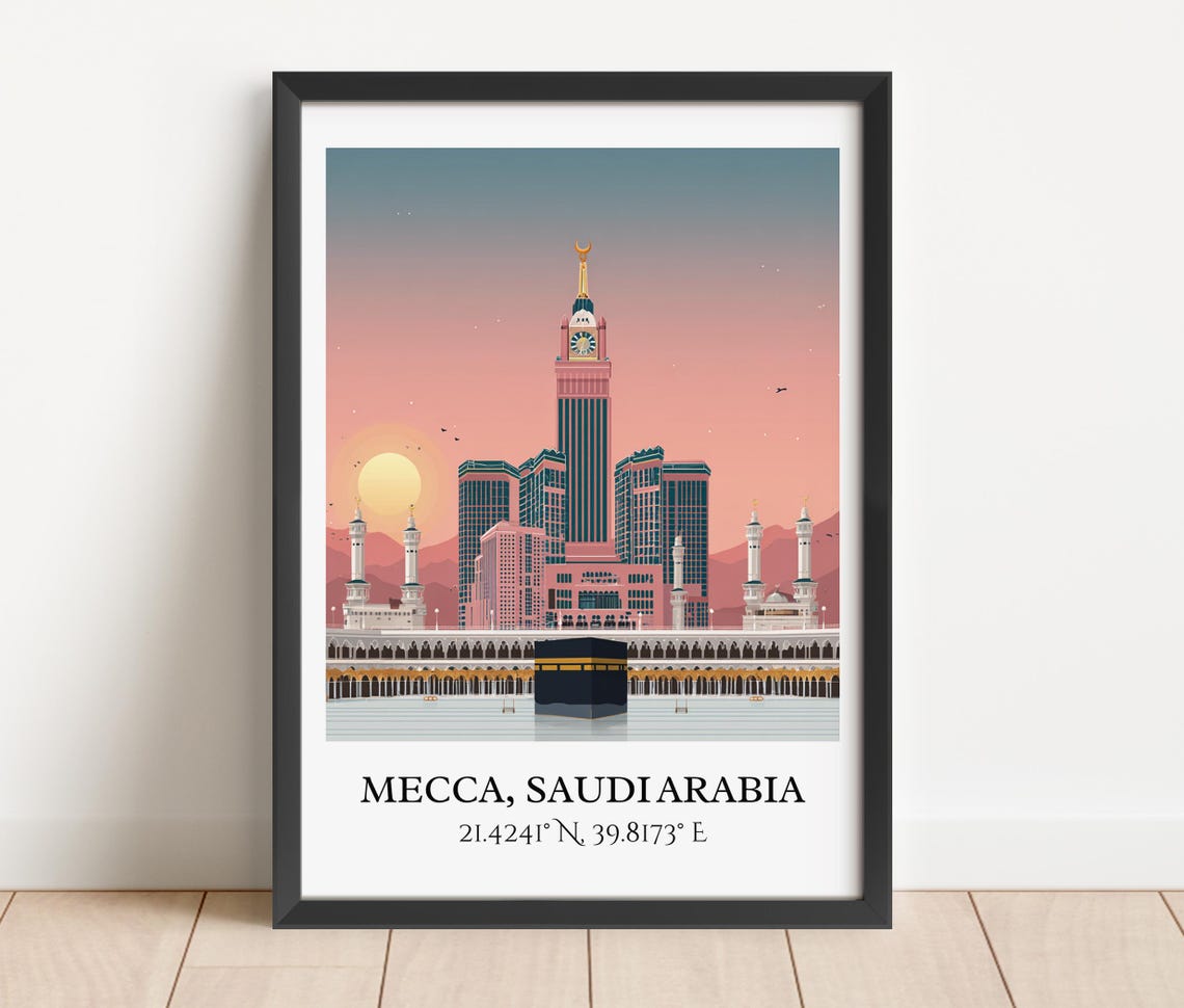 Mecca Saudi Arabia Kaaba Clock Tower Sunset Retro Travel Art Poster - Image 4