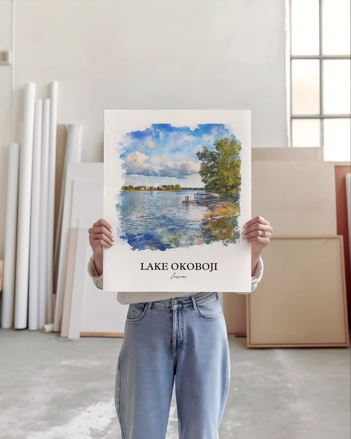 Lake Okoboji Iowa Tranquil Wide Open Water Dock Under Clouds Poster - Image 4