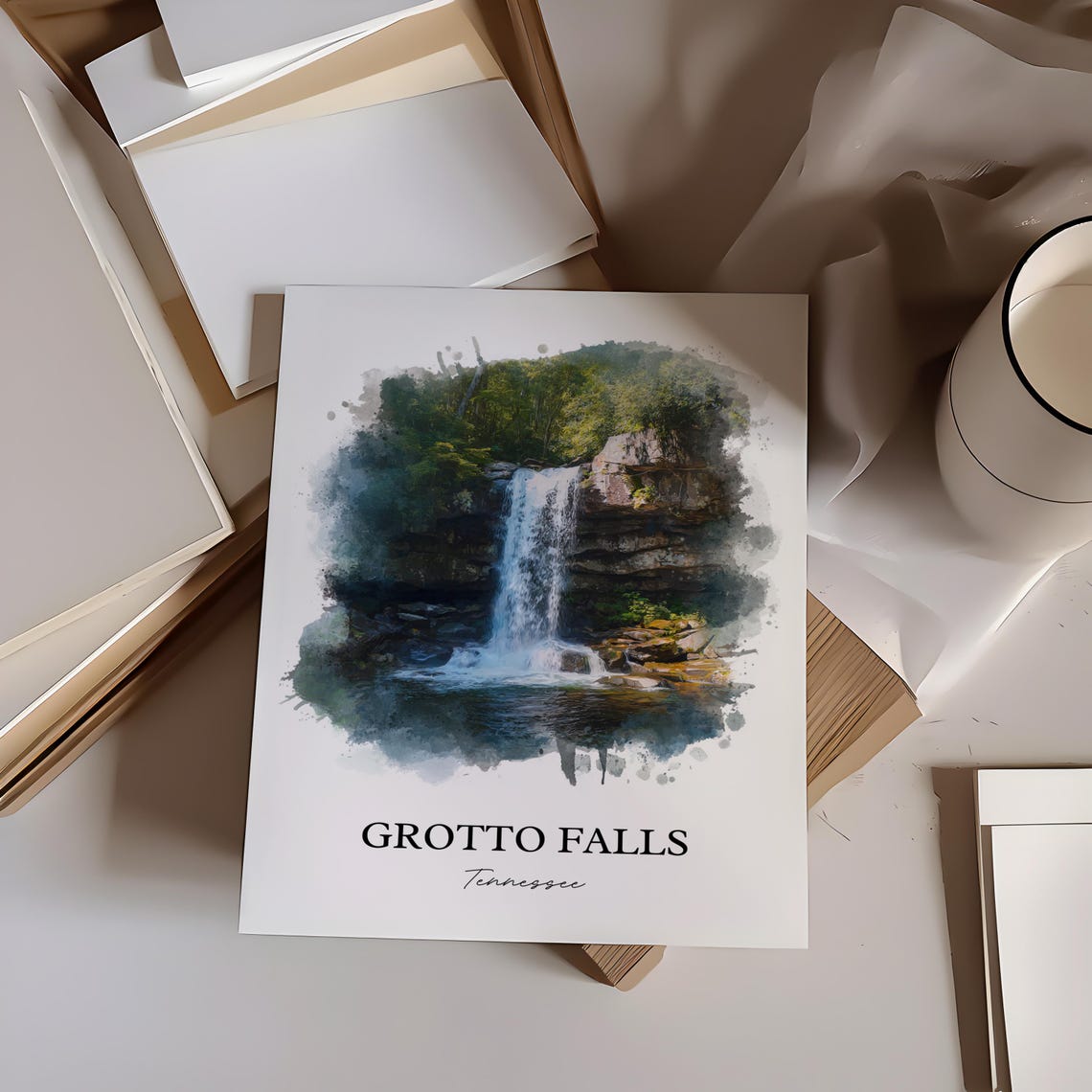 Grotto Falls Tennessee Forest Grotto Cascade Watercolor Poster - Image 4