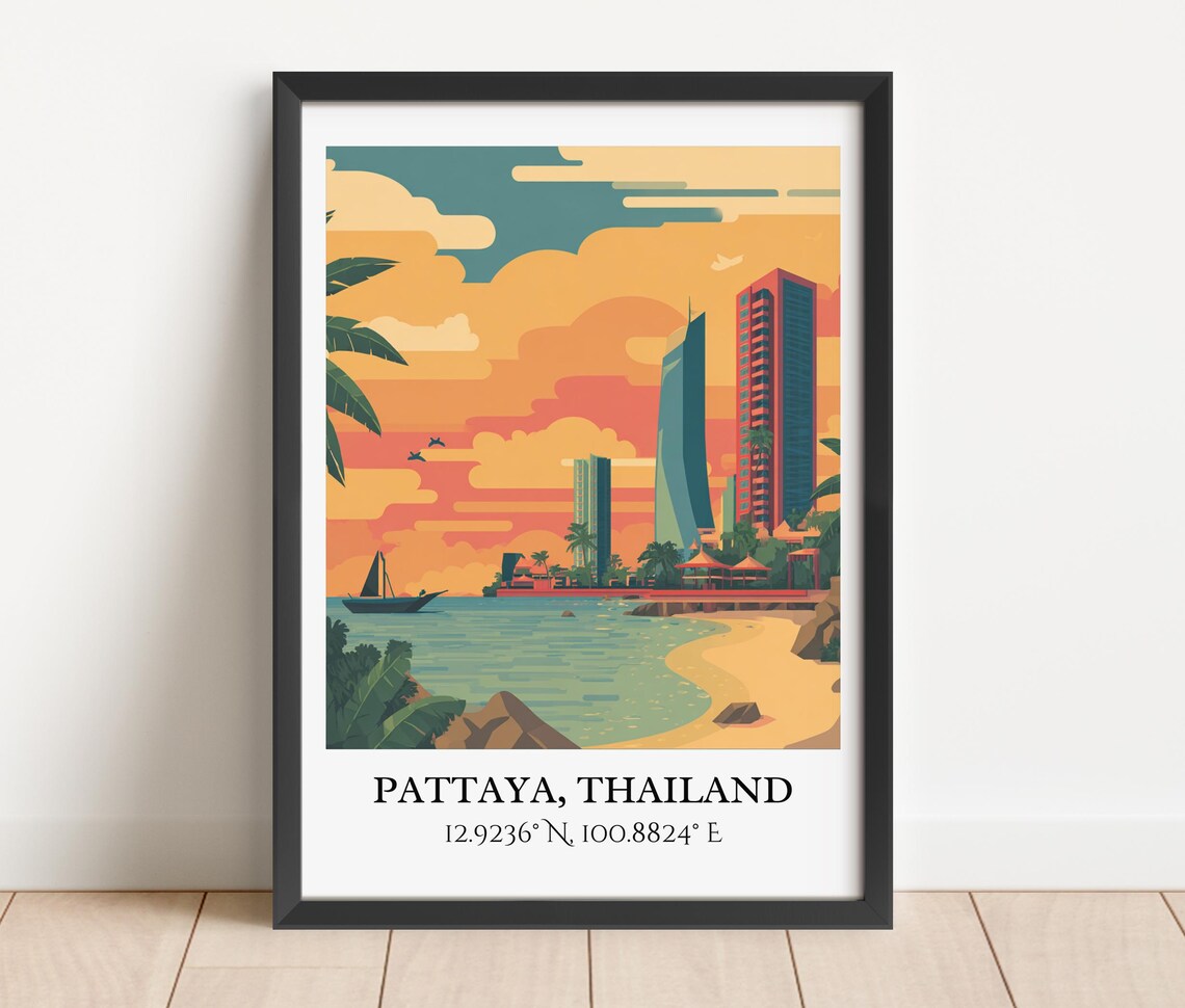 Pattaya Thailand Beach Sunset High Rises Sailboat Retro Travel Poster - Image 2