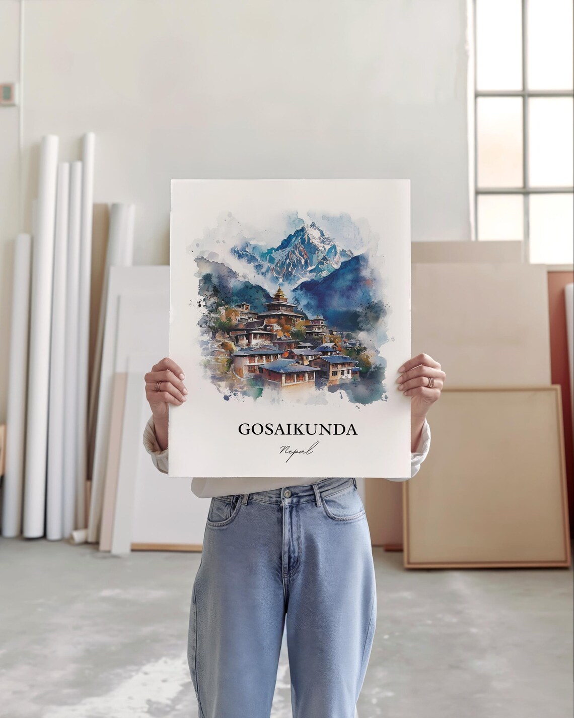 Gosaikunda Nepal Watercolor Snow Peak Mountain Village Travel Poster - Image 3