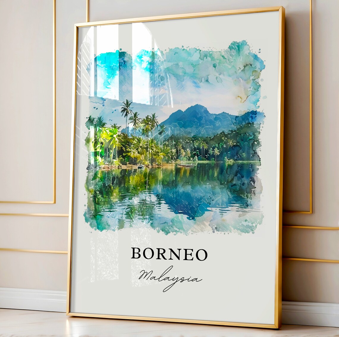 Borneo Malaysia Tropical Palms Lake Watercolor Island Travel Poster - Image 4