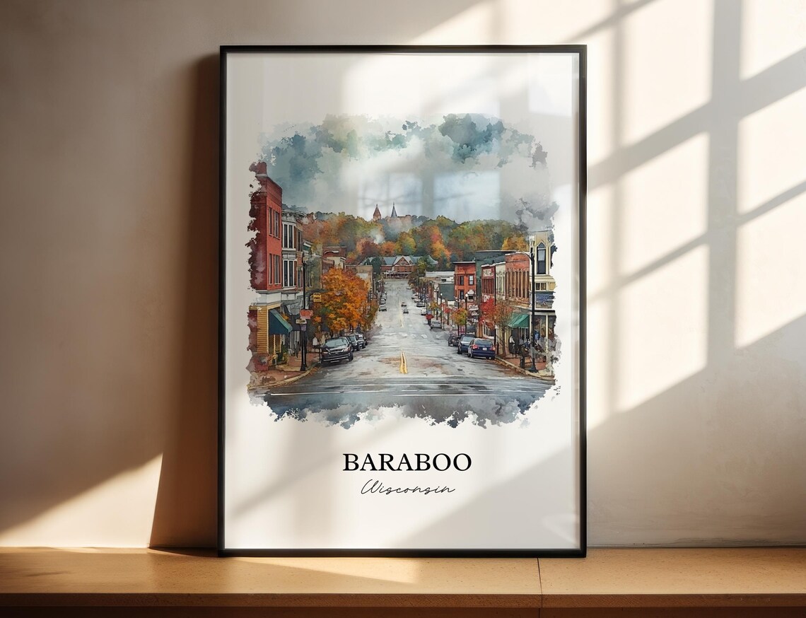 Baraboo Wisconsin Historic Downtown Autumn Watercolor Travel Poster