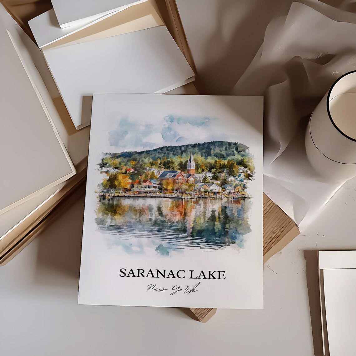 Saranac Lake New York Lakeside Village Watercolor Travel Gift Poster - Image 3