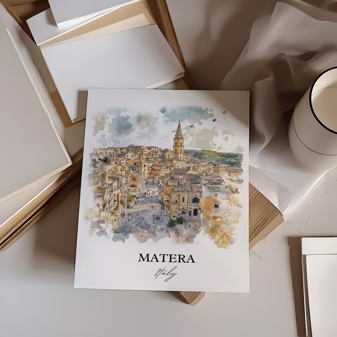 Matera Italy Ancient Stone City Sassi Watercolor Travel Poster - Image 3