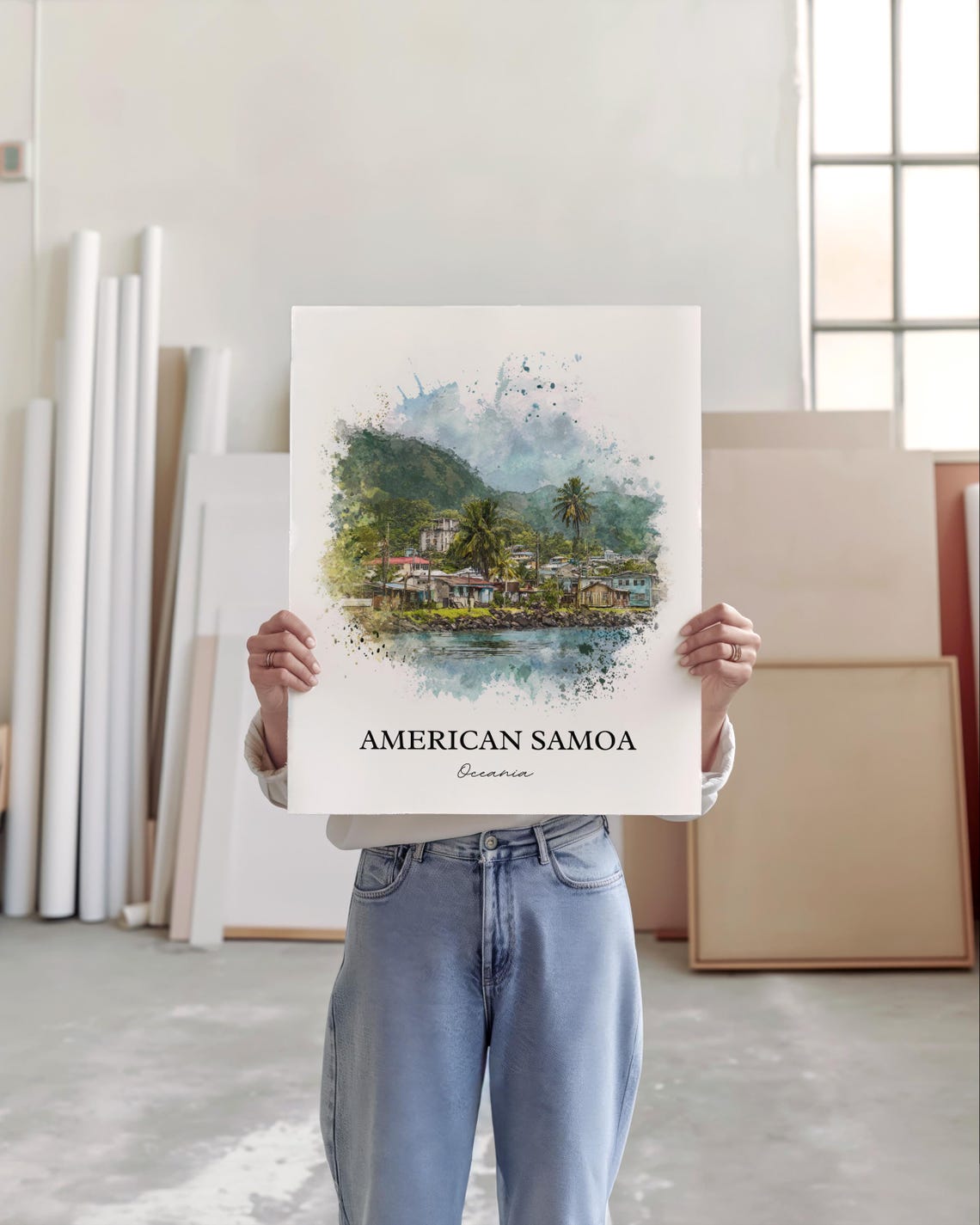 American Samoa Watercolor Coastal Village Ocean Travel Poster - Image 3