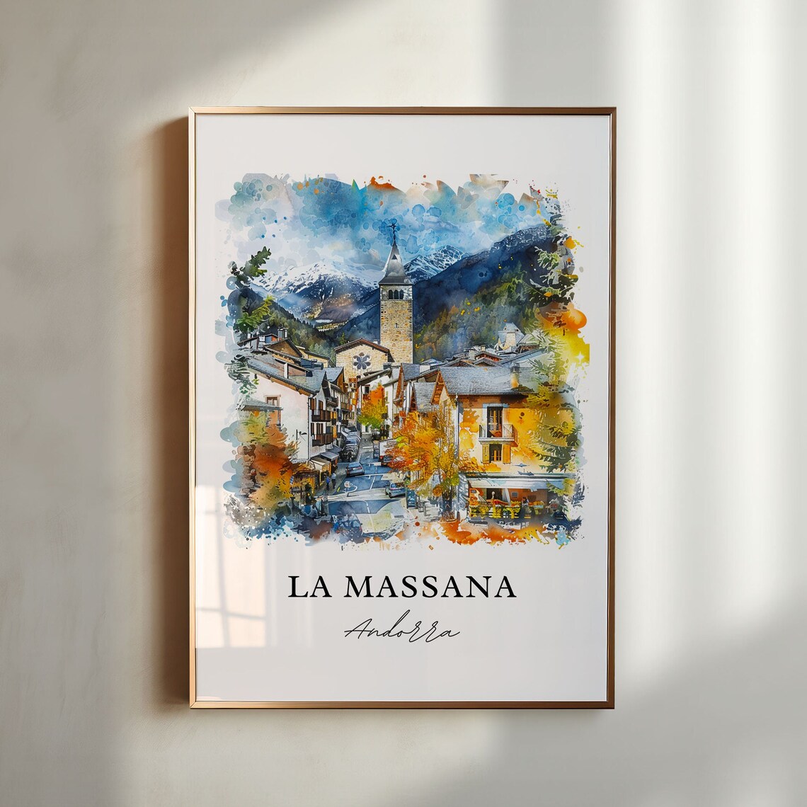 La Massana Andorra Alpine Village Mountain Watercolor Travel Poster