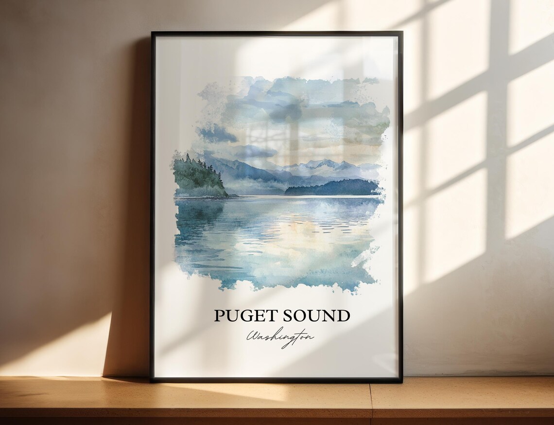 Puget Sound Washington Misty Waterfront Islands Watercolor Poster