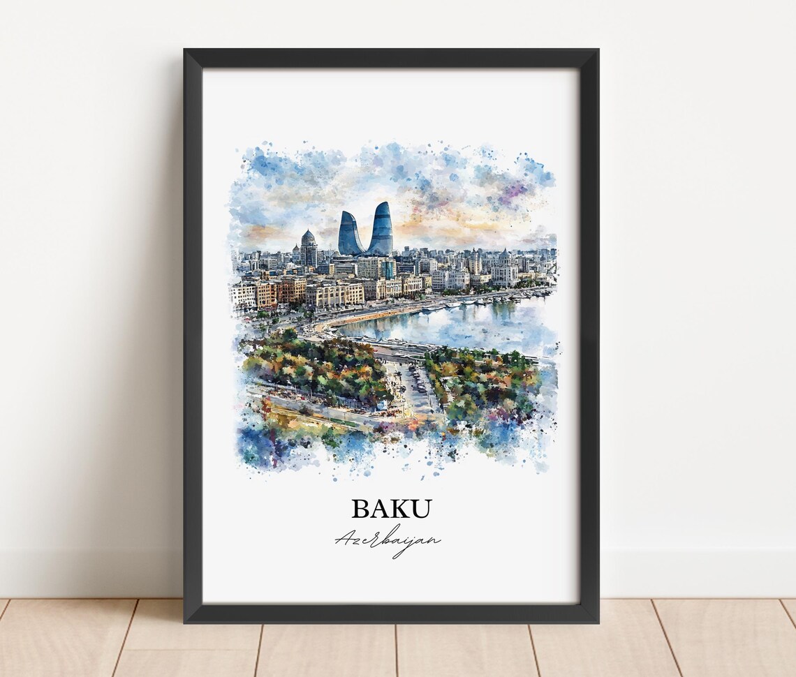 Baku Azerbaijan Bay Skyline Flame Towers Watercolor Travel Poster - Image 3