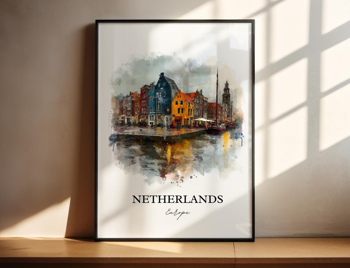 Netherlands Canal Houses Colorful Waterfront Watercolor Europe Poster