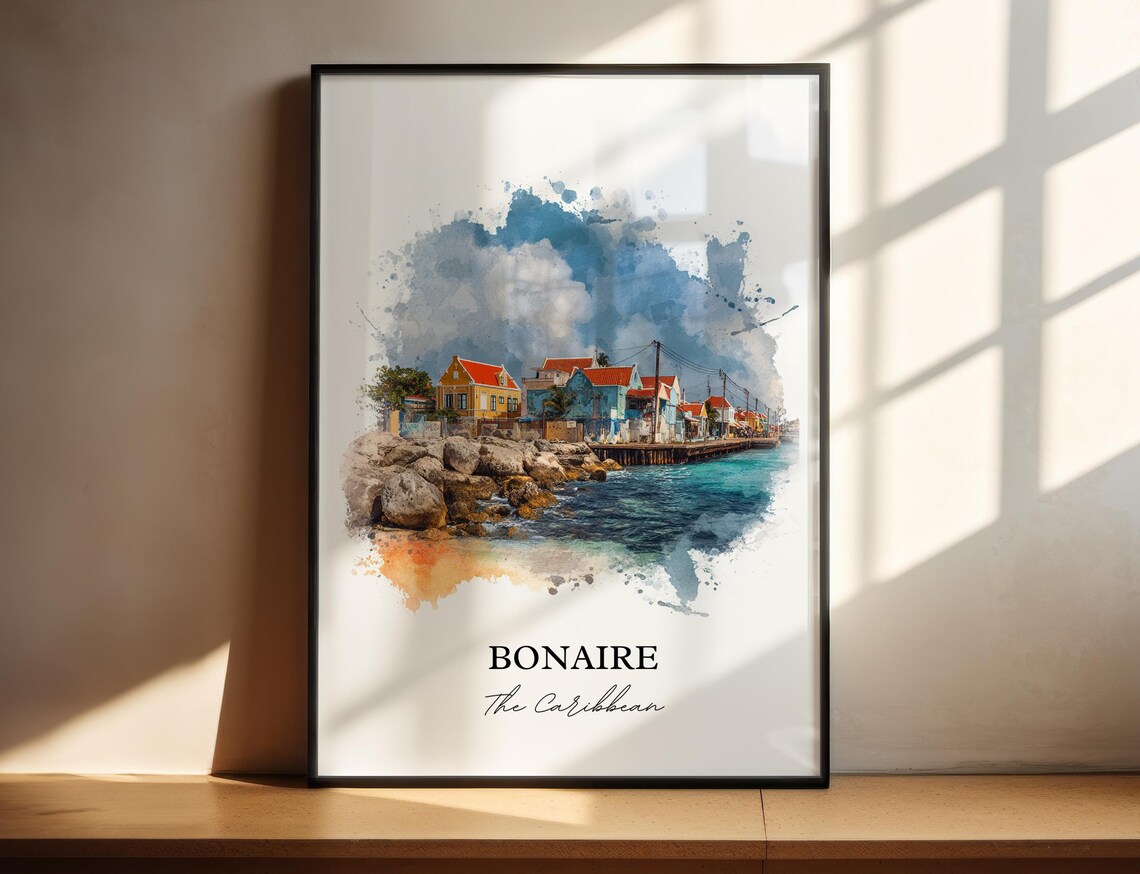 Bonaire Caribbean Colorful Waterfront Harbor Watercolor Poster