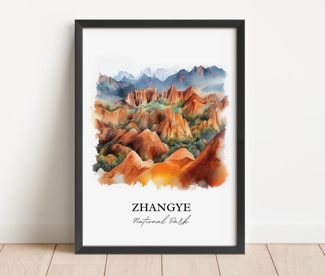 Zhangye National Park Rainbow Mountain Watercolor Travel Poster - Image 2