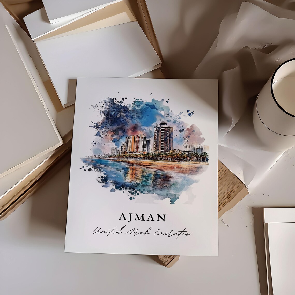 Ajman UAE Watercolor Beachfront Towers Splash Coast City Poster - Image 6
