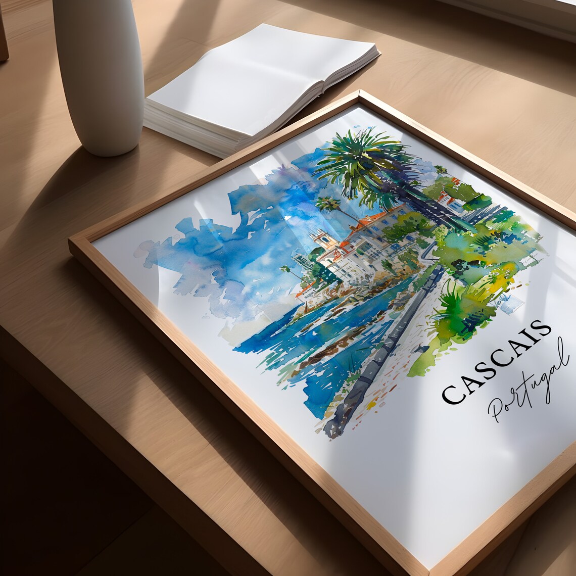 Cascais Portugal Palm Coast Promenade Watercolor Seaside Poster - Image 5