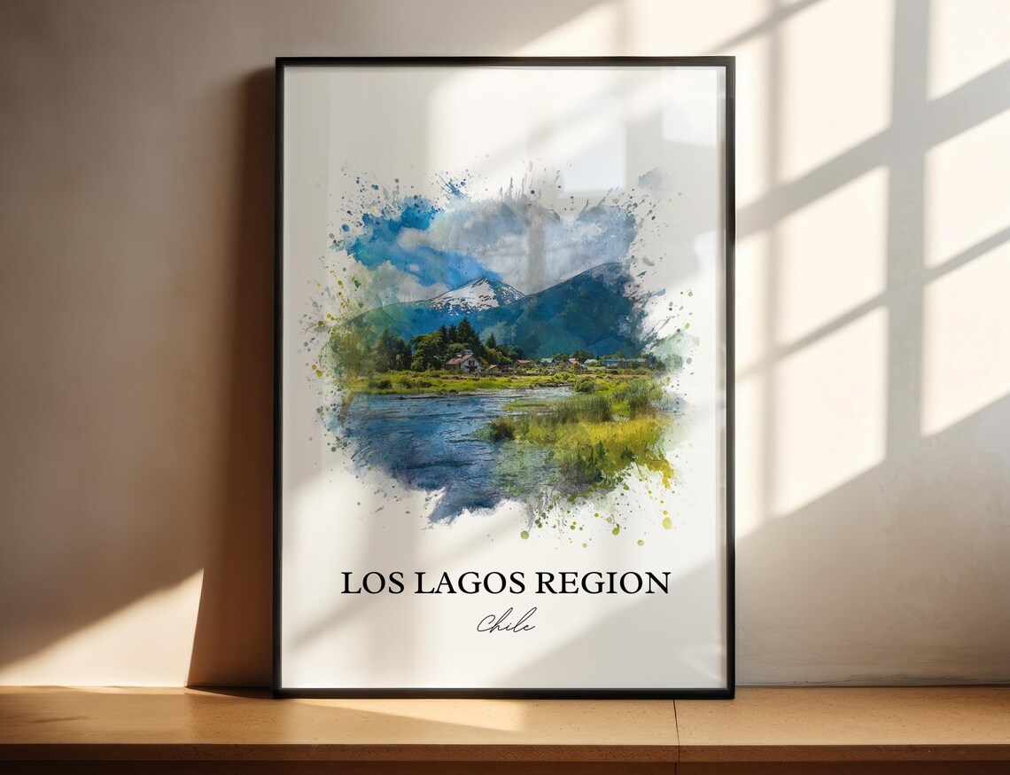 Los Lagos Region Chile Watercolor Lake Mountain Travel Poster