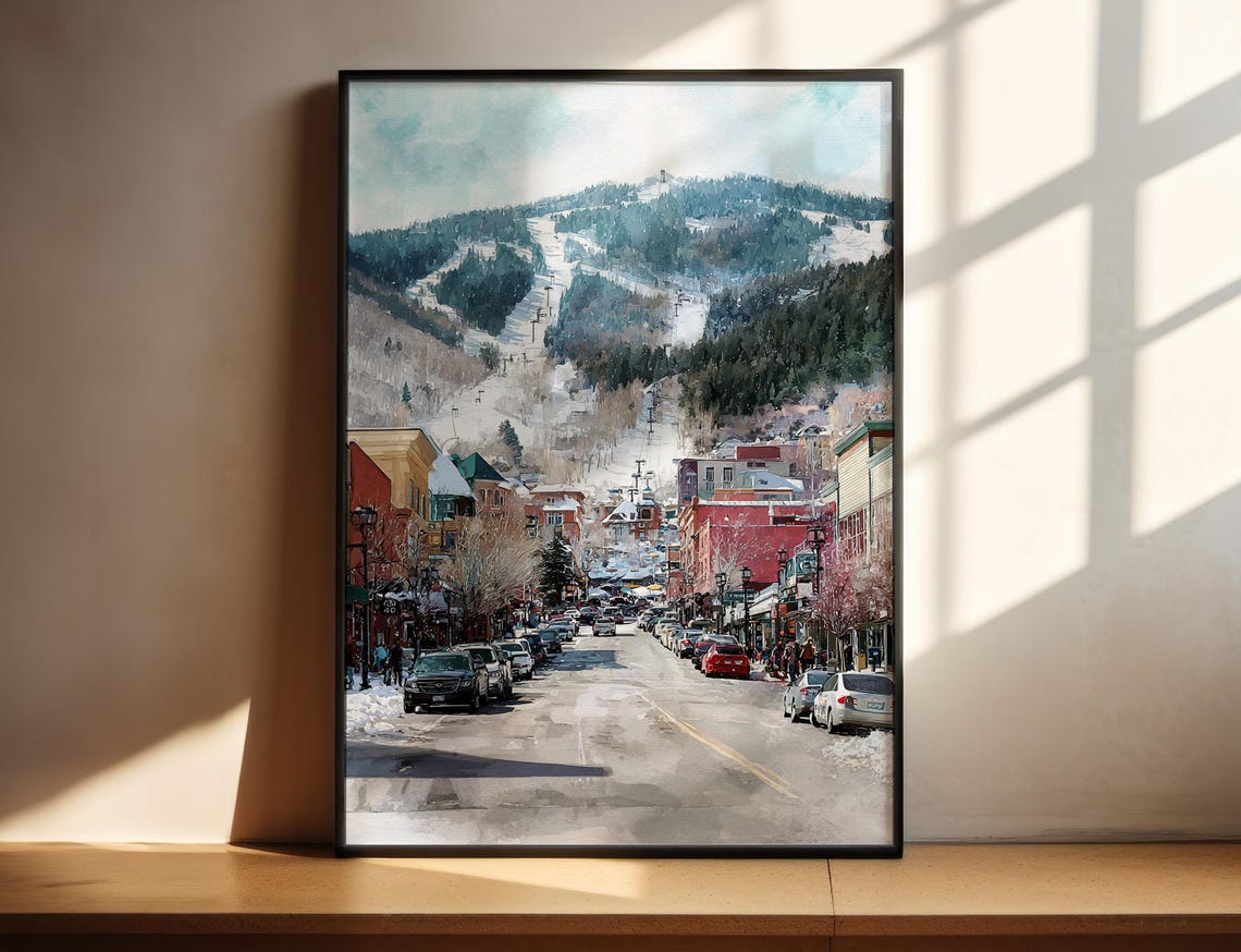 Snowy Ski Resort Town Street Mountain Slopes Watercolor Wall Art